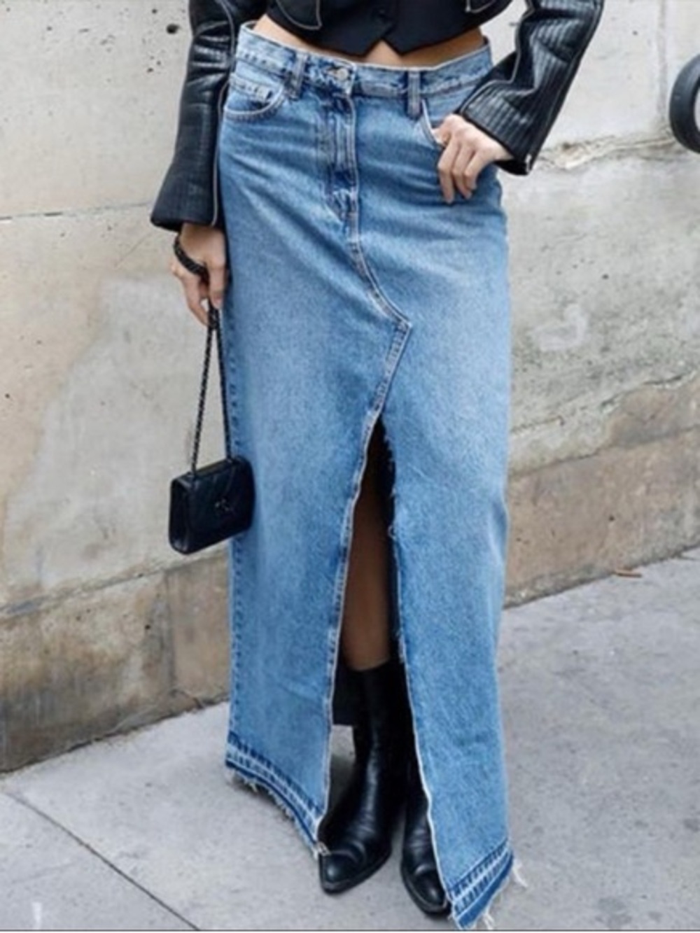 Zara Light Blue Denim Maxi Skirt with Front Slit